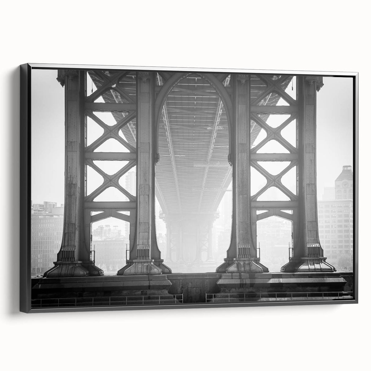 Black and white framed canvas of Brooklyn Bridge landscape, ideal for bedroom wall art.