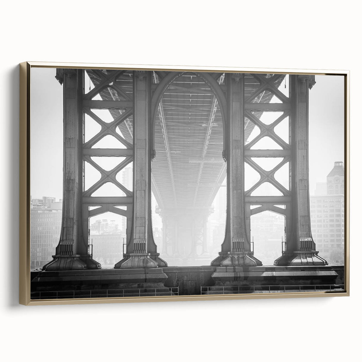Framed canvas of the Brooklyn Bridge with vintage poster art style in black and gold, ideal for bedroom wall art.