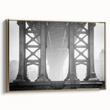 Framed canvas of the Brooklyn Bridge with vintage poster art style in black and gold, ideal for bedroom wall art.