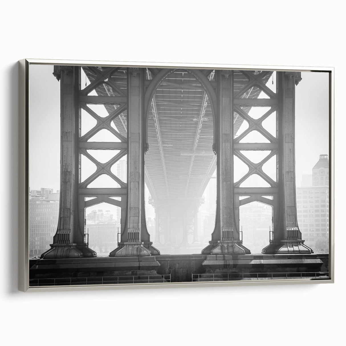 Framed canvas of Brooklyn Bridge in black and colorful tones, ideal for modern living room decor.