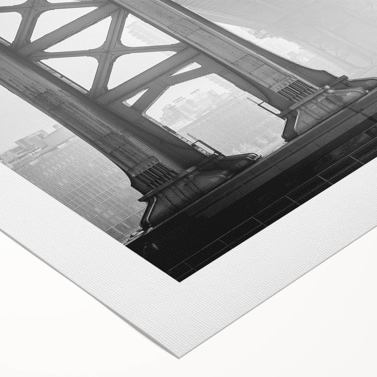 Art deco poster of the Brooklyn Bridge in muted gray shades, printed on rolled canvas, suitable for dining room decor.