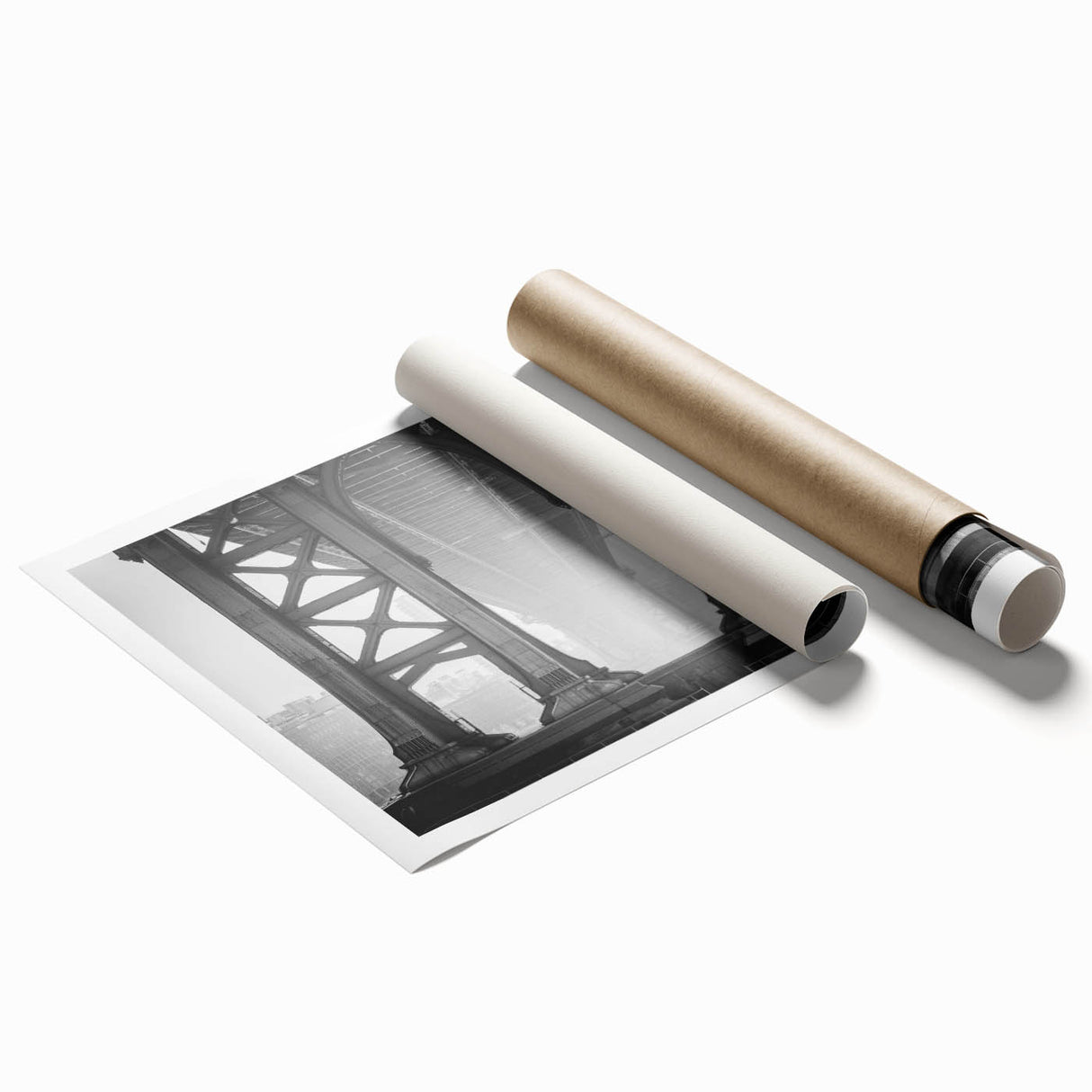 Extra large rolled print of the Brooklyn Bridge in grayscale, ideal for classy bathroom wall art.