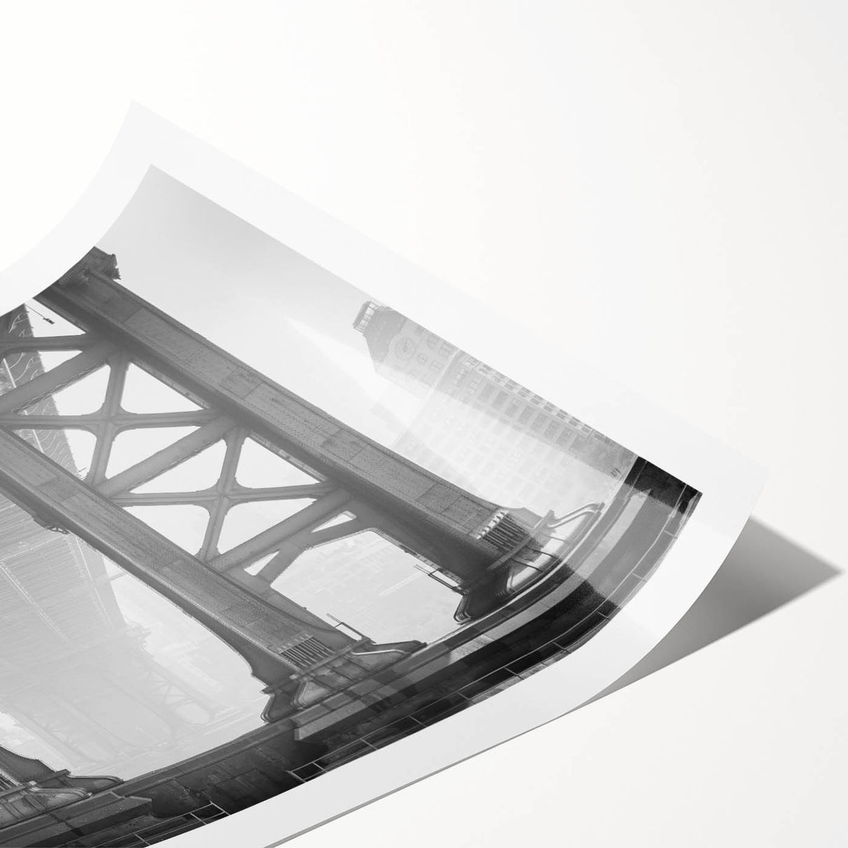 Extra large wall art featuring line art flowers and the Brooklyn Bridge, rendered in black and white on rolled canvas.