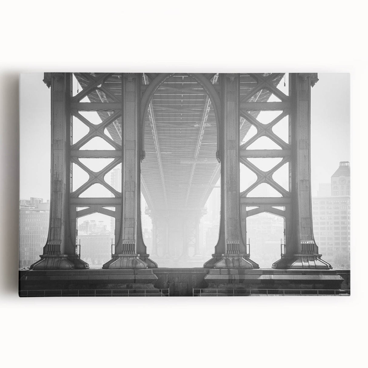 Black and white photo of the Brooklyn Bridge on stretched canvas, suited for kitchen wall art.