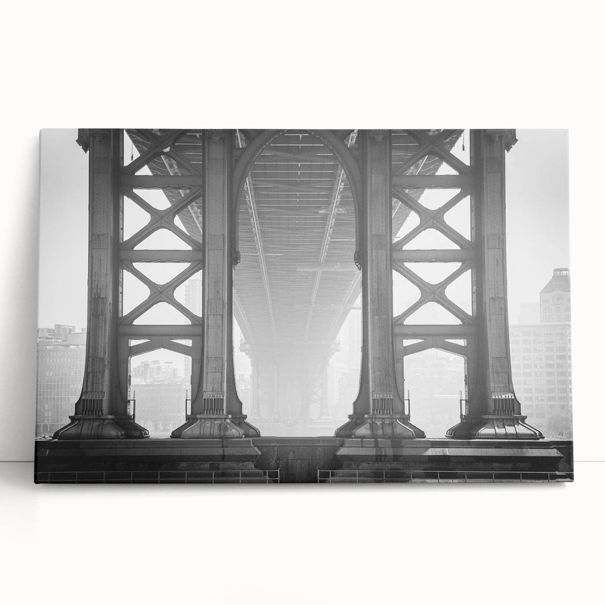 Black and white photograph of the Brooklyn Bridge on stretched canvas, ideal for kitchen wall art or bedroom ambiance.