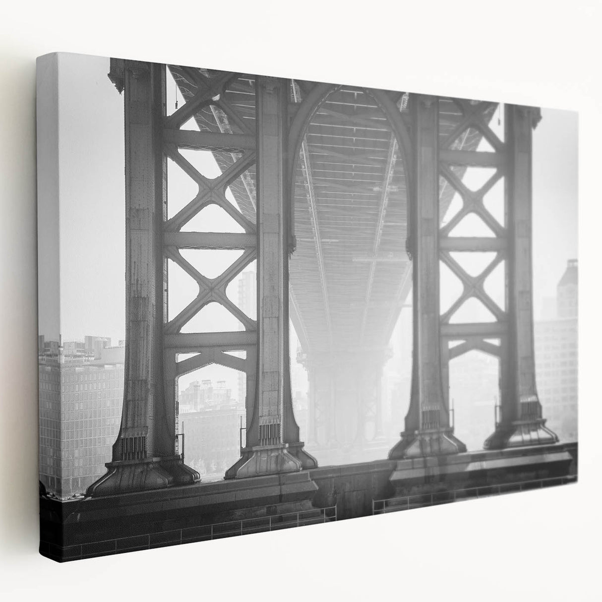 Side view of a stretched canvas featuring the Brooklyn Bridge in grayscale, suitable for kitchen wall art.