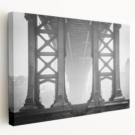Side view of a stretched canvas featuring the Brooklyn Bridge in grayscale, suitable for kitchen wall art.