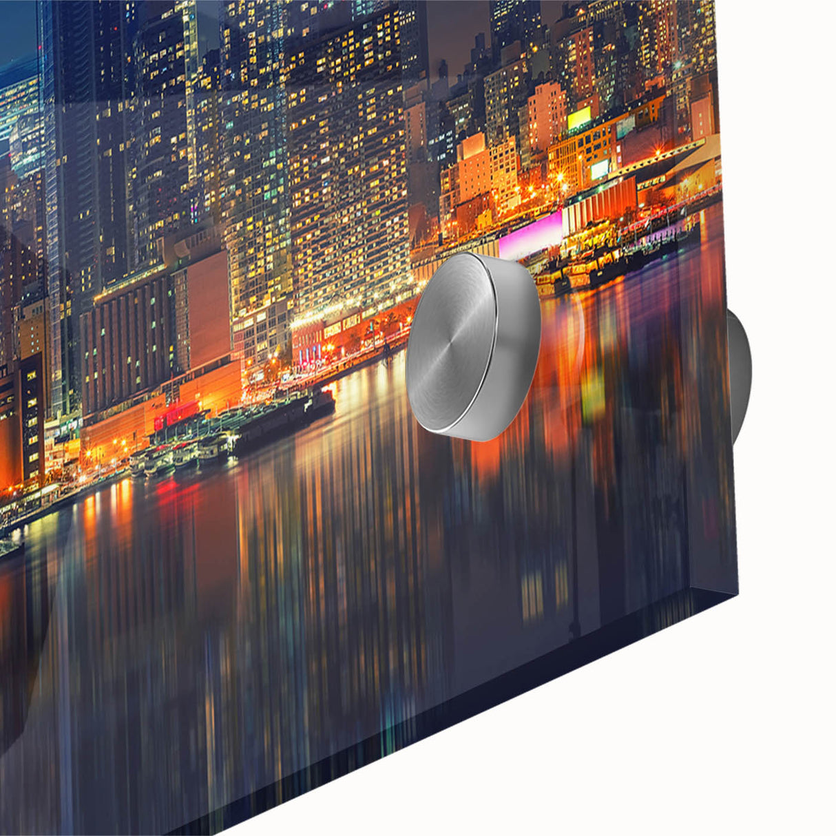 Large abstract depiction of Manhattan skyline in muted gray and blue tones on acrylic glass, ideal for dining room art.