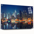 Acrylic print of a large abstract depiction of Manhattan, featuring muted gray and blue tones, ideal for dining room decor.