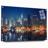 Acrylic print of a large abstract depiction of Manhattan, featuring muted gray and blue tones, ideal for dining room decor.