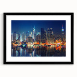 Extra large abstract art print of Manhattan skyline with vibrant colors on textured canvas, ideal for living room decor.