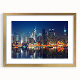Extra large abstract art print of Manhattan skyline in textured gold frame, ideal for living room decor.