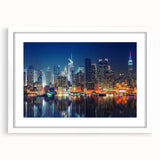 Abstract art print of Manhattan skyline in muted gray and blue tones on a framed white mat, ideal for dining room decor.