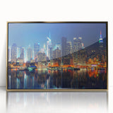 Acrylic print of Manhattan skyline in muted gold and gray tones, framed in gold, ideal for modern art wall decor.