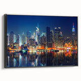 Black and white vintage poster art of Manhattan skyline on framed canvas, suitable for bedroom wall decor.