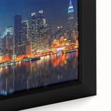 Extra large framed canvas of a textured Manhattan skyline in black with colorful highlights, ideal for living room decor.