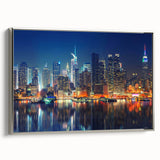 Landscape art painting of Manhattan skyline in colorful hues on framed canvas, ideal for modern living room decor.