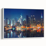 Vintage poster art of Manhattan skyline in colorful hues on extra large framed canvas, ideal for living room decor.