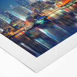 Art deco poster of Manhattan skyline in muted metallic tones on rolled canvas, suitable for dining room wall art.