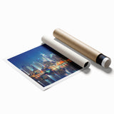 Extra large rolled print of New York City's Manhattan skyline in muted gray and blue tones.