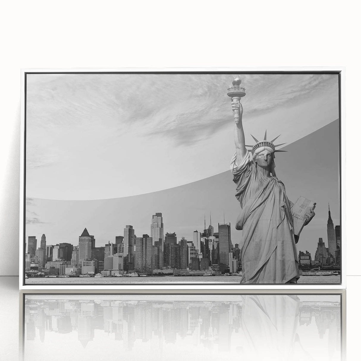 Acrylic print of the Statue of Liberty in art deco style, featuring muted gray and white tones.