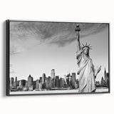 Black and white framed canvas of the Statue of Liberty in vintage poster style, ideal for bedroom wall decor.