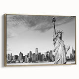 Framed canvas wall art of the Statue of Liberty in a vintage poster style, featuring a black and gold color scheme.