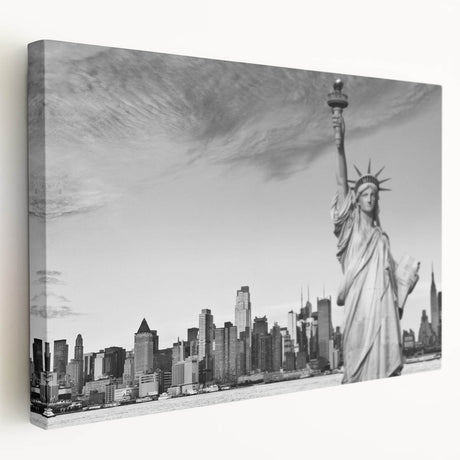 Statue of Liberty print on stretched canvas featuring muted blue and green hues, ideal for kitchen wall art.