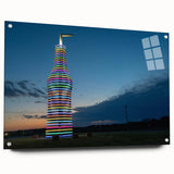 Large abstract wall art depicting the Oklahoma skyline in muted earth tones on acrylic glass.