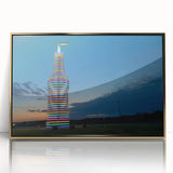 Large art print of Oklahoma scenery in mid-century modernist style, framed in gold acrylic, ideal for modern art wall decor.