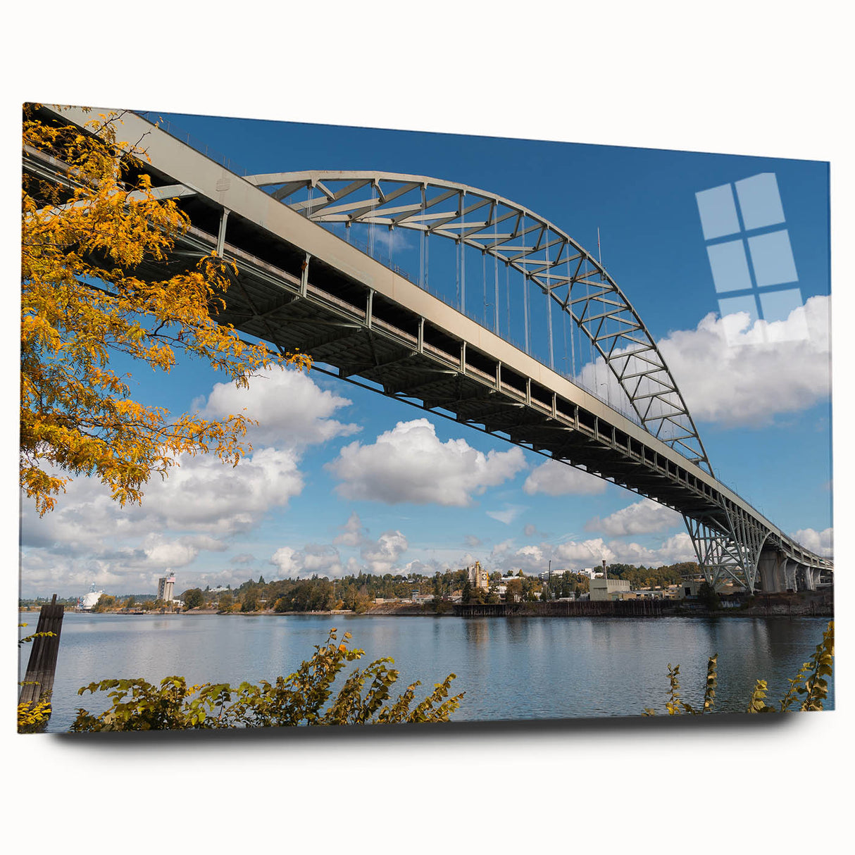 Large abstract wall art depicting Portland, Oregon, in muted blue and gray tones on acrylic glass.