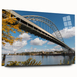 Large abstract wall art depicting Portland, Oregon, in muted blue and gray tones on acrylic glass.
