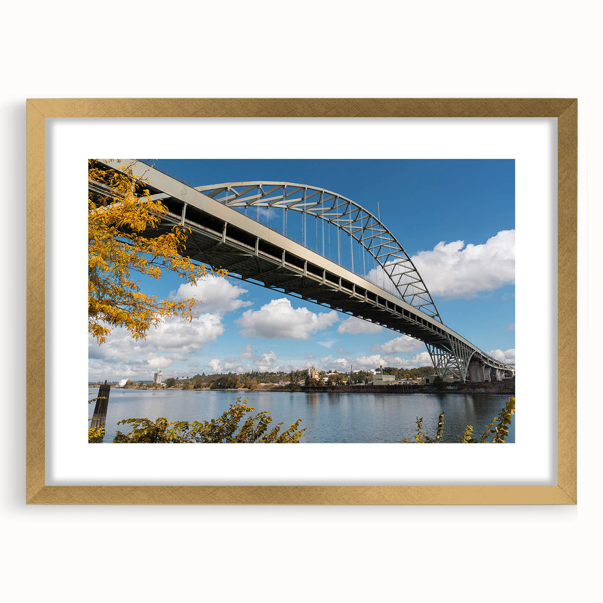 Extra large abstract art print of Portland, Oregon, in textured hues of blue and gray, framed in gold.