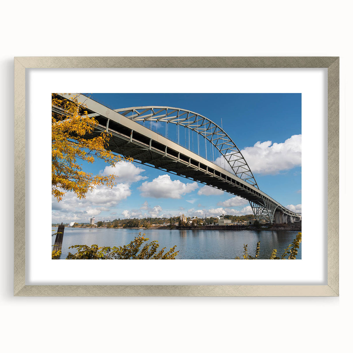 Textured art print of abstract Portland scenery in silver frame, featuring muted earth tones, ideal for bedroom art.