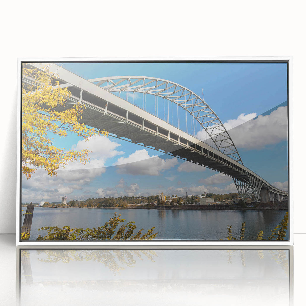 Art deco poster of Portland, Oregon skyline in muted gray and blue tones on framed acrylic, suitable for nursery wall art.