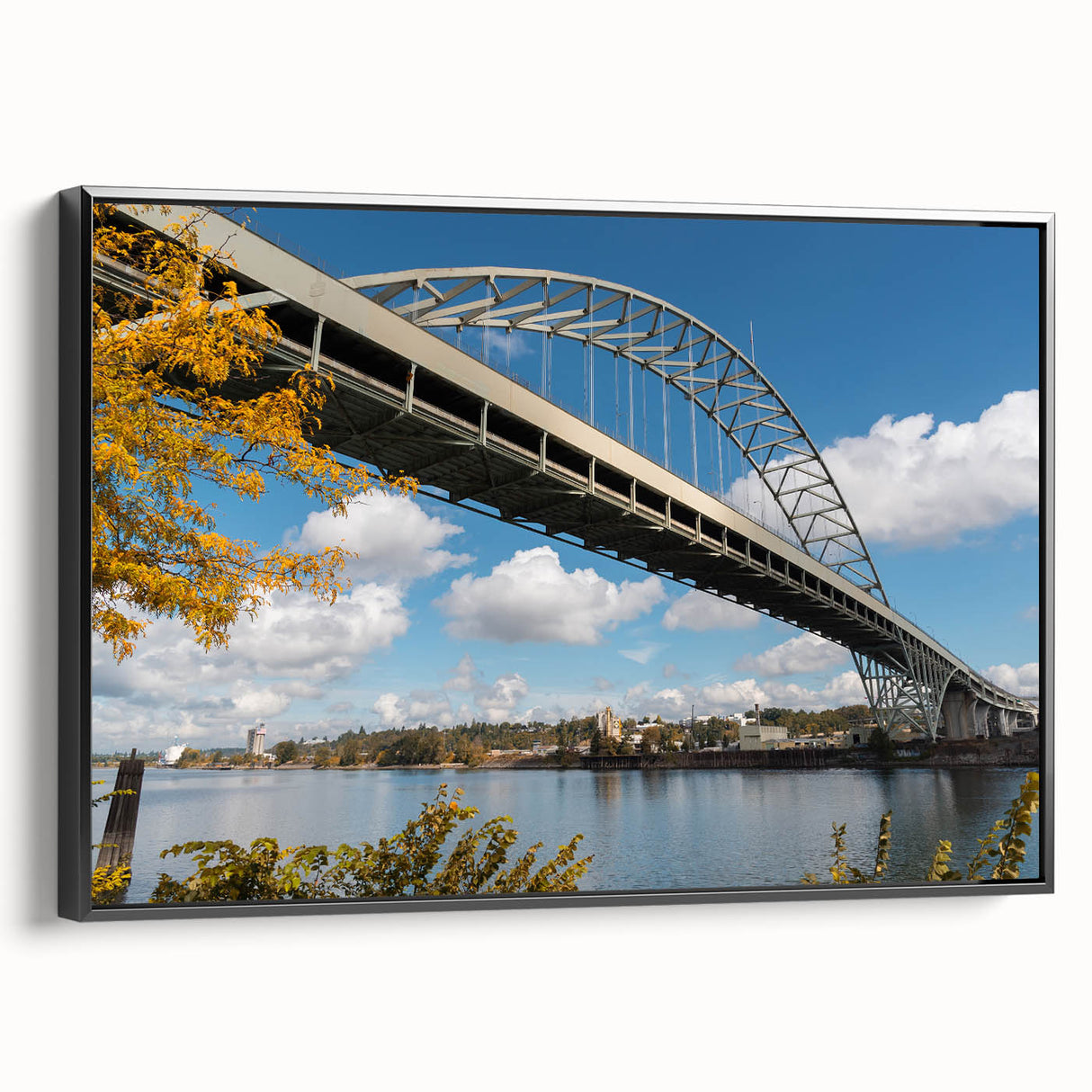 Black and white framed canvas of Portland, Oregon landscape, ideal for bedroom wall decor.