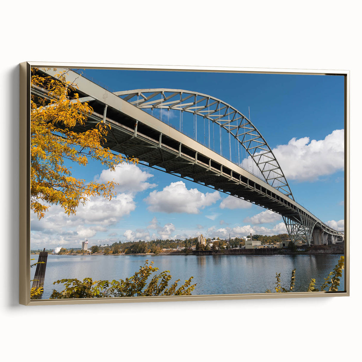 Framed canvas wall art featuring a vintage-style landscape painting of Portland, Oregon, in muted gold and black tones.