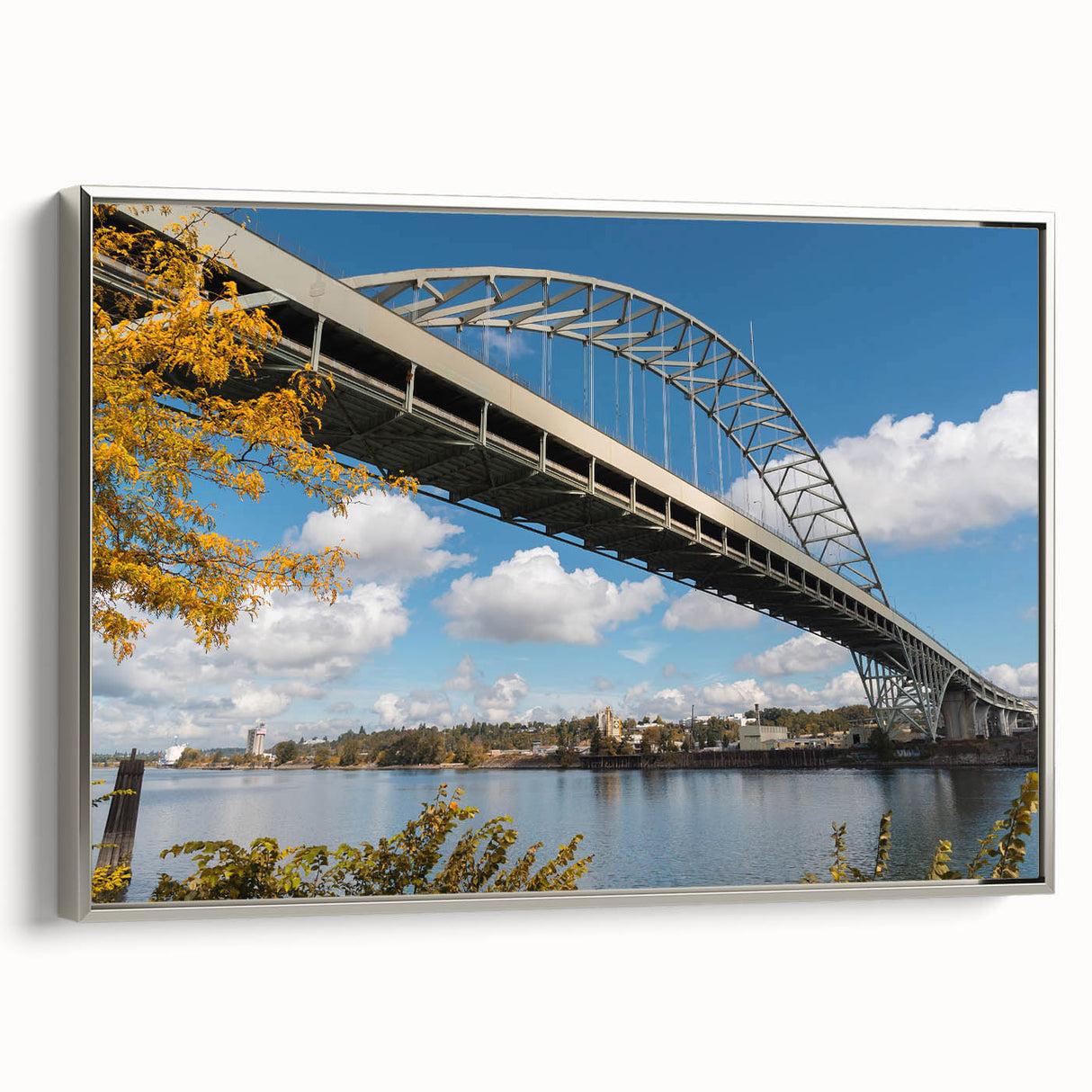 Framed canvas landscape art painting of Portland, Oregon in colorful, vintage poster style, ideal for living room decor.