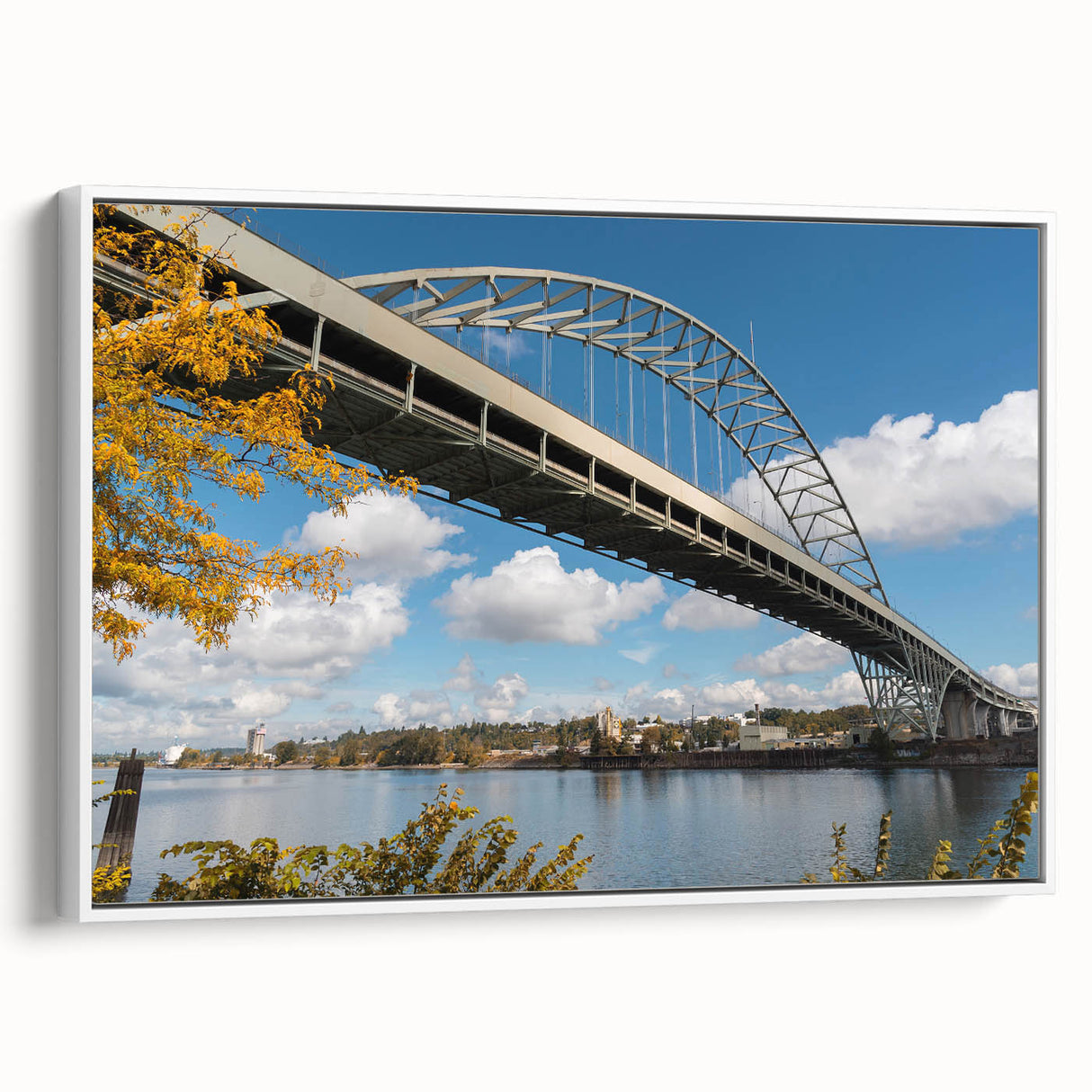 Vintage poster art of Portland, Oregon skyline in vibrant colors on a large framed canvas, ideal for living room decor.
