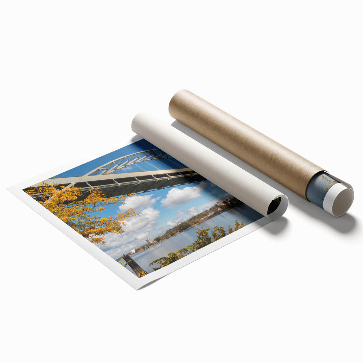 Extra large rolled print of Portland, Oregon scenery with vibrant floral elements, ideal for classy bathroom wall art.