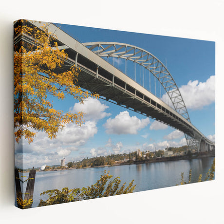 Large art depicting Portland, Oregon skyline in muted earth tones on stretched canvas, suitable for kitchen wall art.