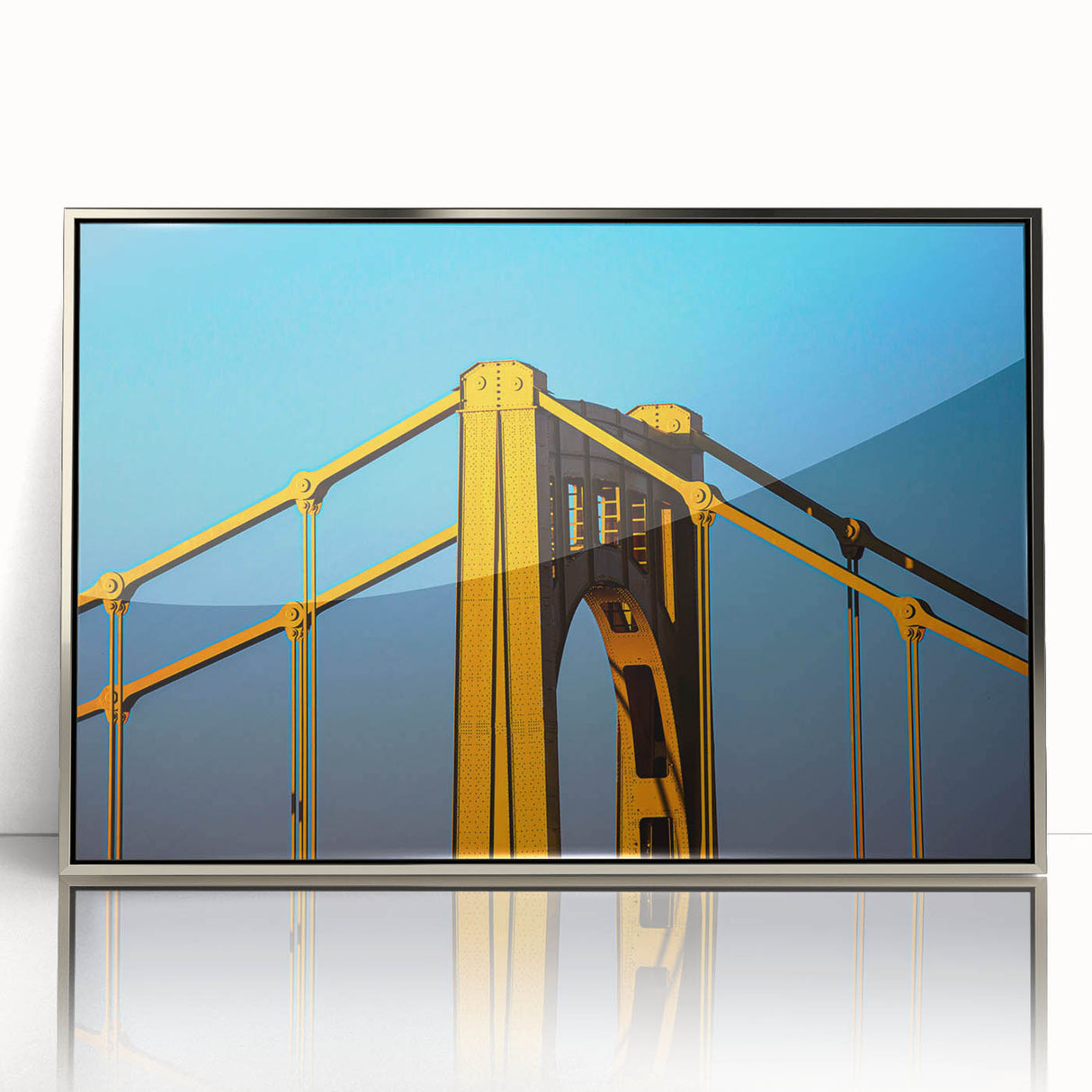 Framed acrylic print of Pittsburgh skyline in mid-century modernist style with muted metallic tones.