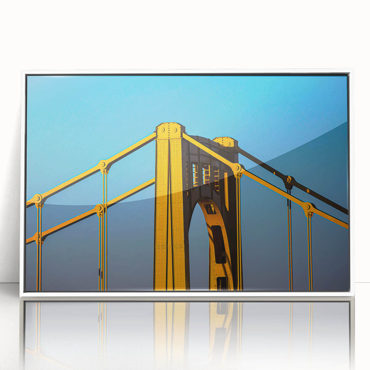 Framed acrylic print of Pittsburgh skyline in art deco style, featuring pastel shades, ideal for modern nursery wall art.