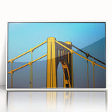 Framed acrylic print of Pittsburgh skyline in art deco style, featuring pastel shades, ideal for modern nursery wall art.
