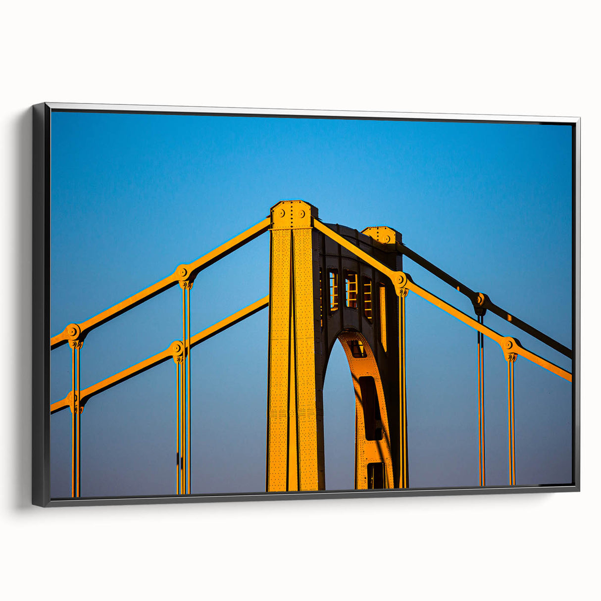Black and white framed canvas of Pittsburgh landscape, ideal for bedroom wall art.