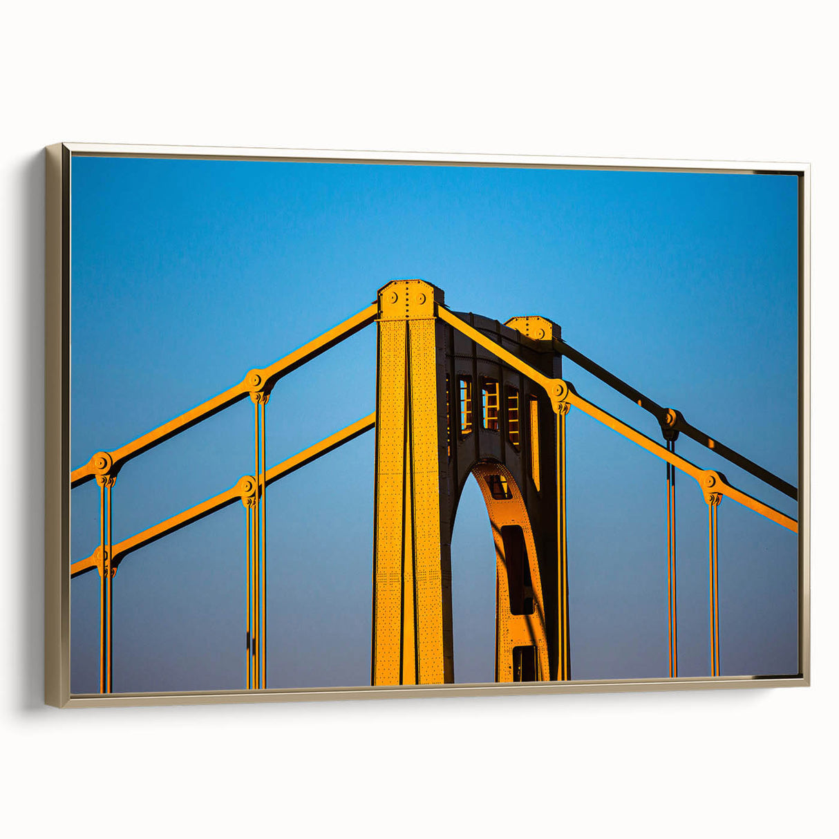 Framed canvas of Pittsburgh skyline in vintage poster style with dominant black hues, ideal for bedroom wall art.