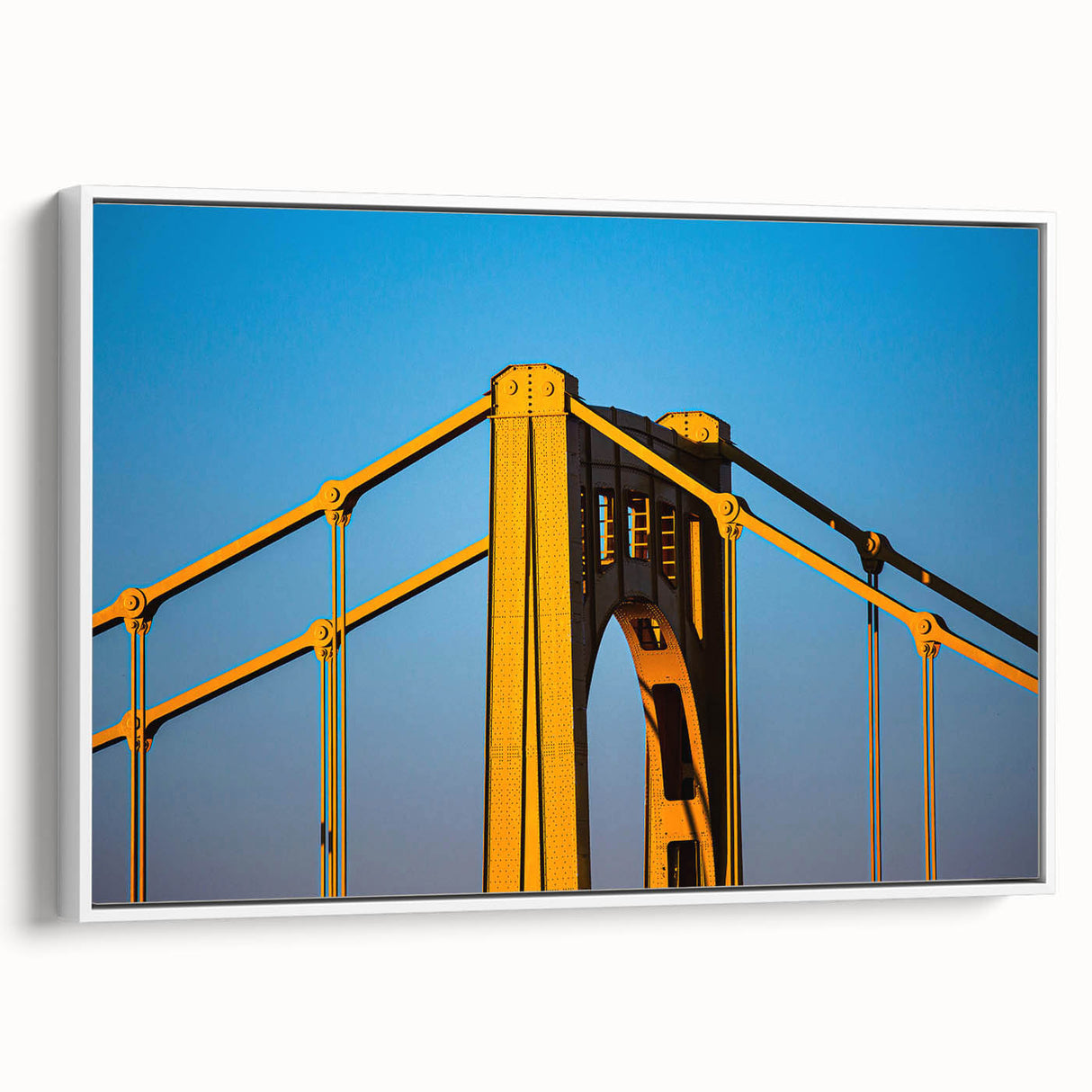 Vintage poster art of Pittsburgh skyline in colorful hues on a framed canvas, suitable for large living room walls.