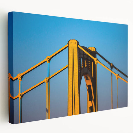 Panoramic view of Pittsburgh skyline on large stretched canvas, featuring muted earth tones, suitable for kitchen wall art.