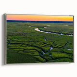 Framed canvas of Charleston landscape, featuring colorful art in a vintage poster style, ideal for a modern living room.