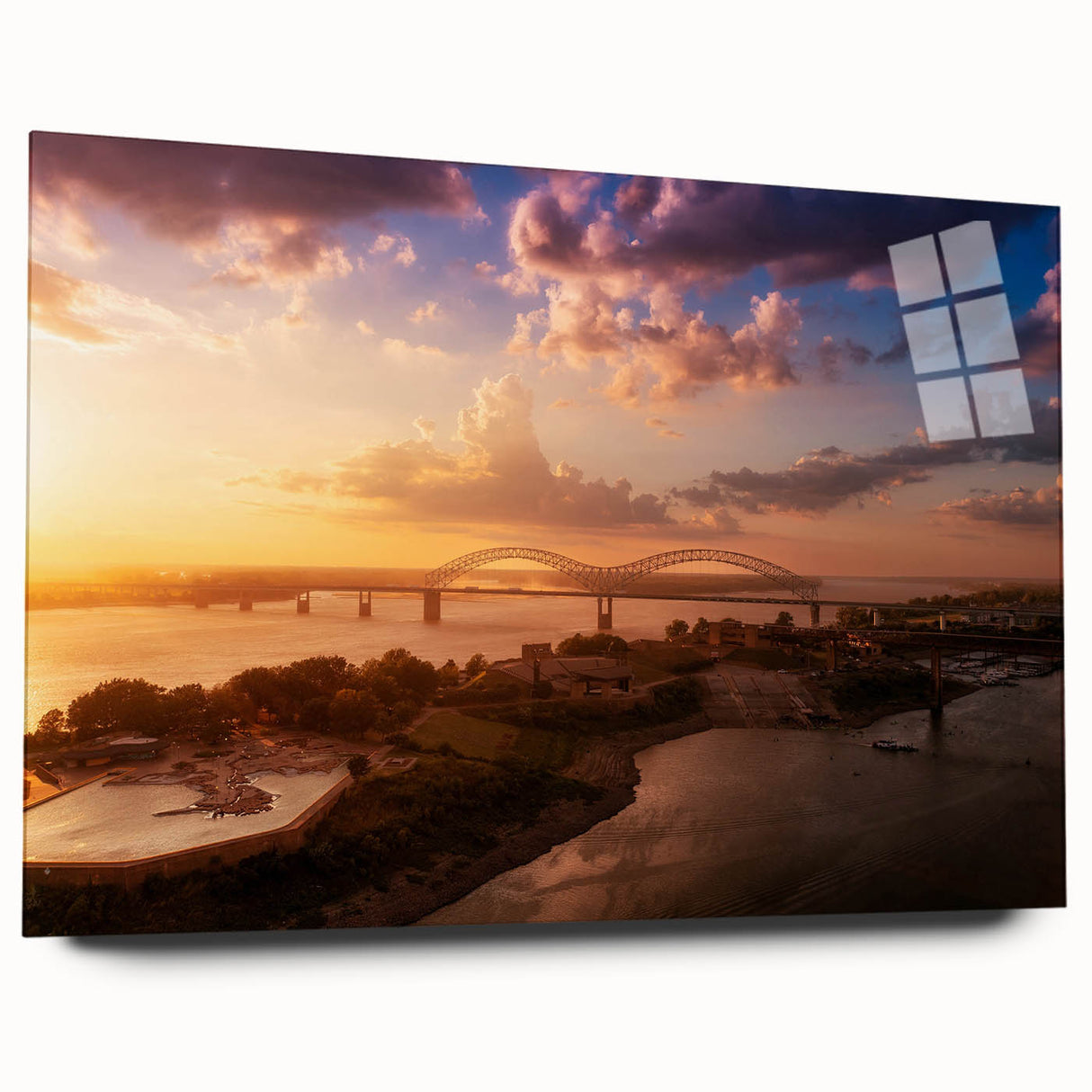 Large abstract wall art of Memphis skyline in muted blues and grays on acrylic glass, ideal for bedroom or dining room decor.